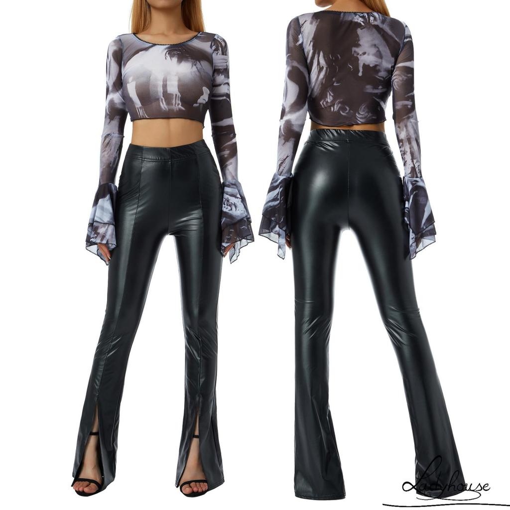 Ldd-áo Sơ Mi Crop Top Tay Loe Dài Xếp Nếp In Họa Tiết Cổ Tròn  Cho Nữ