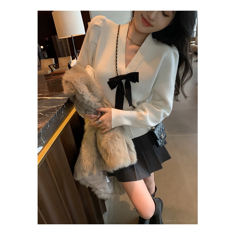 621579 Áo Khoác Cardigan Dệt Kim Cổ Chữ v Phối Nơ Thời Trang Thu Đông