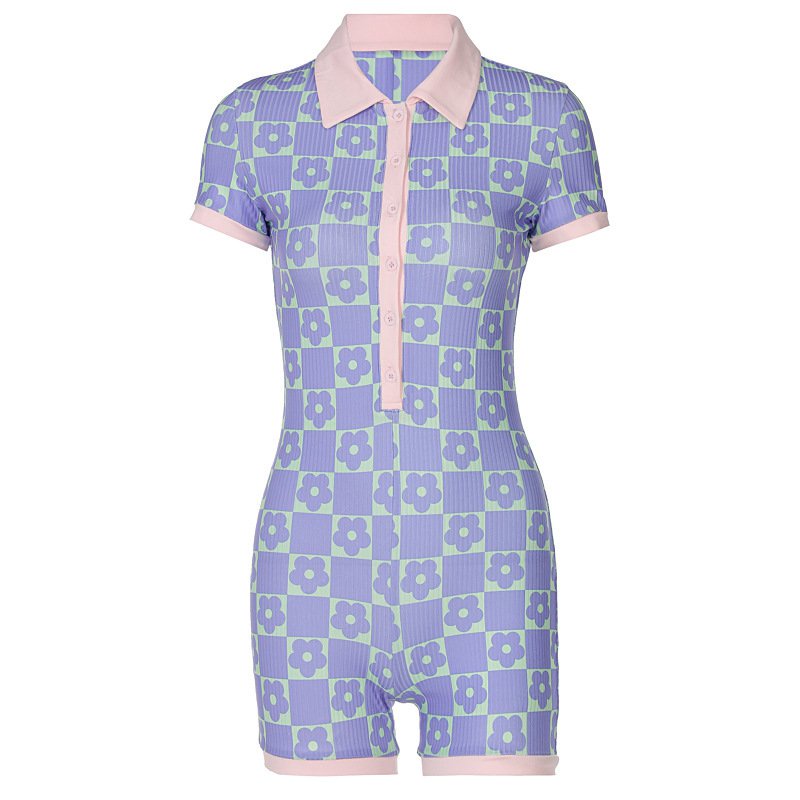 Áo liền quần tay ngắn cổ polo cài nút in họa tiết hoa dành cho nữ