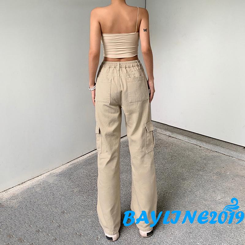 BAY-Quần jean nữ lưng cao màu trơn ống thẳng có túi cài khóa Khaki/ nâu