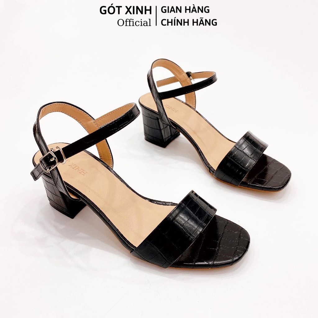 Sandal cao gót nữ GÓT XINH GD22 màu trắng quai ngang dập vân da rắn đế cao 5cm gót trụ vuông