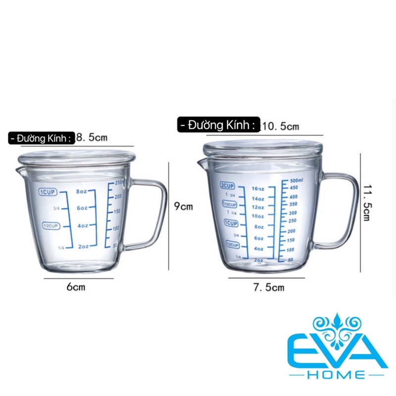 Ly Thuỷ Tinh Chia Vạch Đo Lường Chia Ml Đo Lường 500 - 250 ml Kèm Nắp Và Không Nắp Thuỷ Tinh