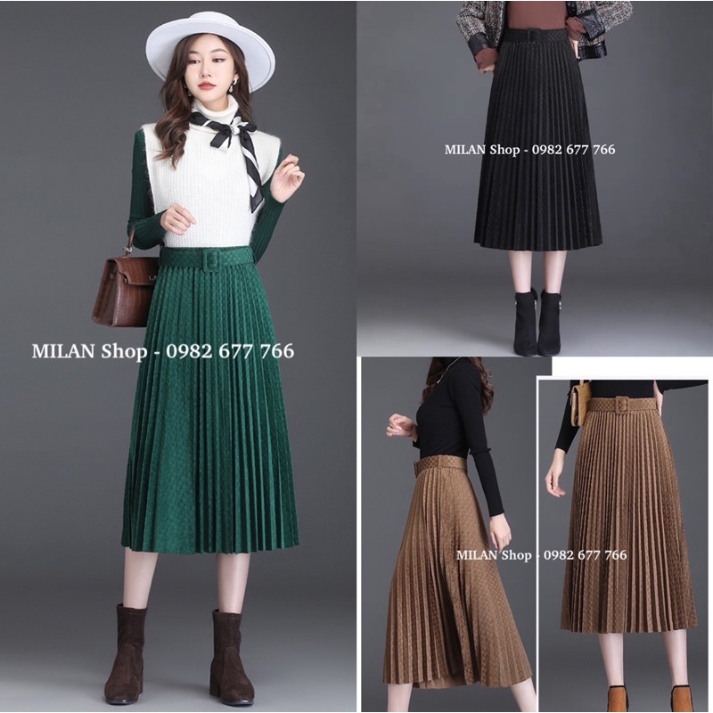 Chân váy nhung xếp ly dập ô kèm đai sang sịn