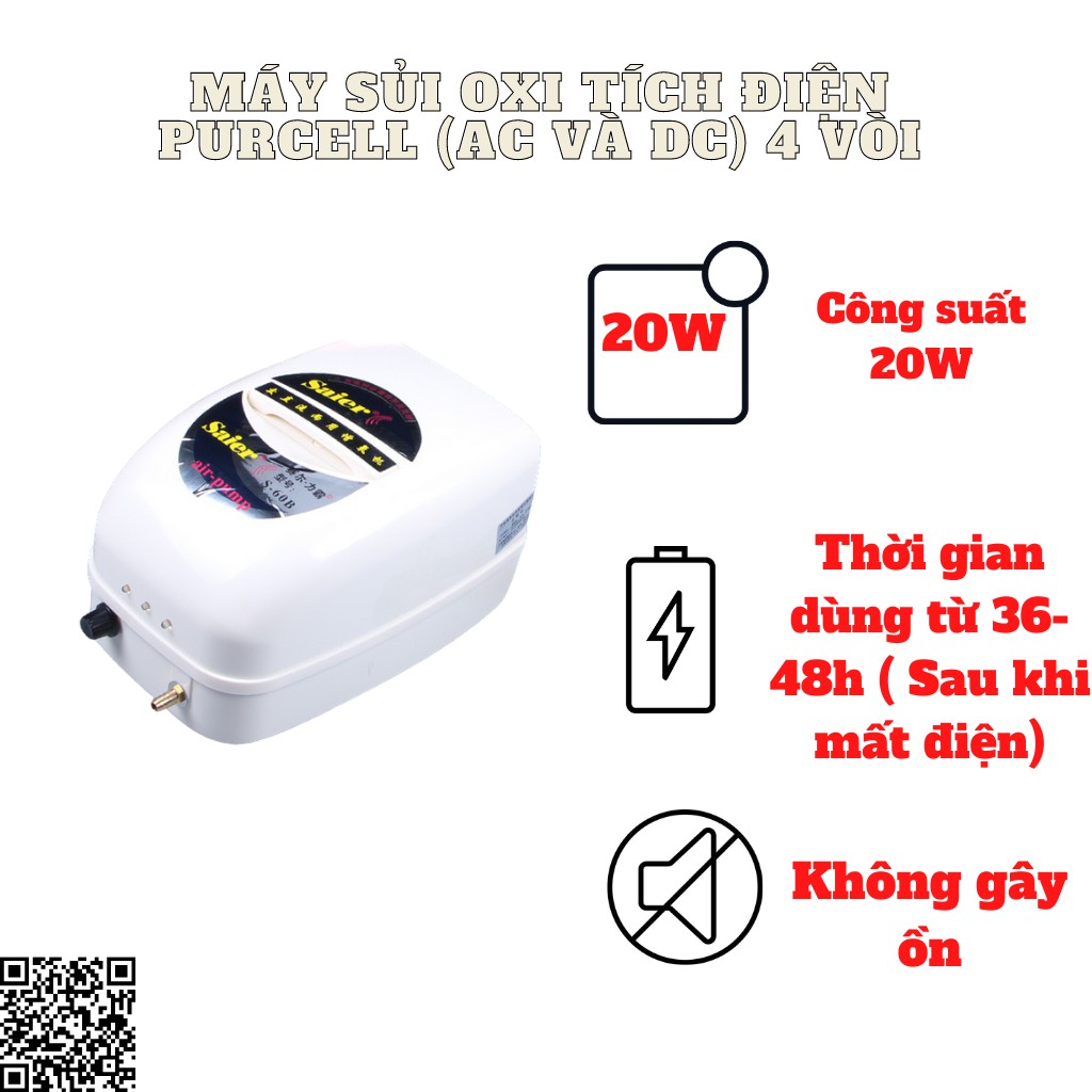 Máy Bơm Sục Khí Kép Purcell S-20 (20W) AC và DC ( Sủi Oxi Tích Điện) Dùng Cho Hồ Cá Ngoài Trời Diện Tích Lớn 20W (4 Vòi)