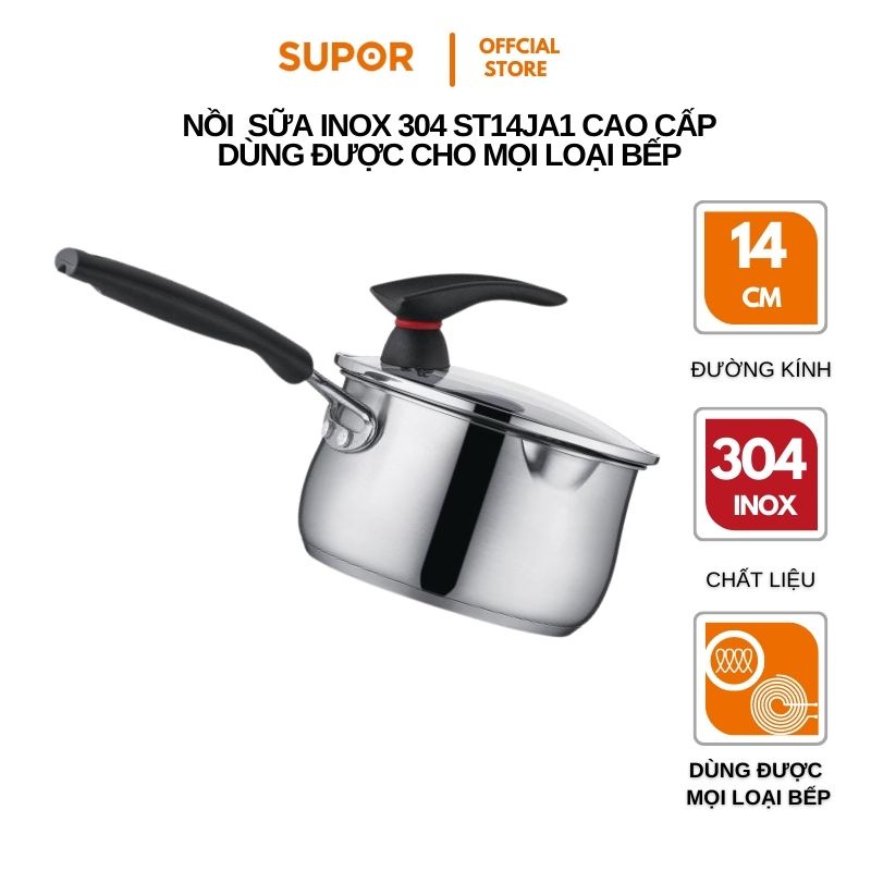ồi nấu bột, nấu mỳ dành cho bé ăn dặm Supor inox 304 vung kính sử dụng cho mọi loại bếp ST14JA1-14cm