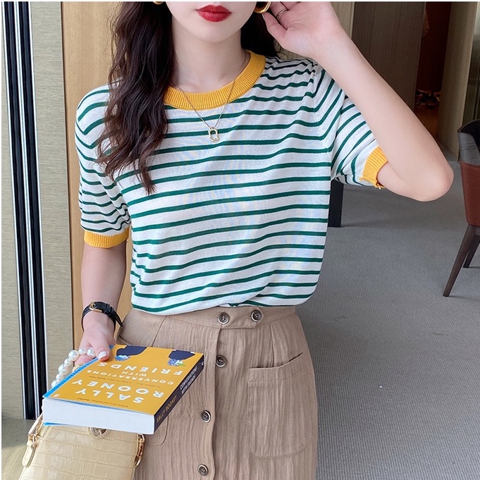 QADCOL  Áo Thun Dệt Kim Ngắn Tay Họa Tiết Kẻ Sọc Phong Cách Hàn Quốc Cho Nữ