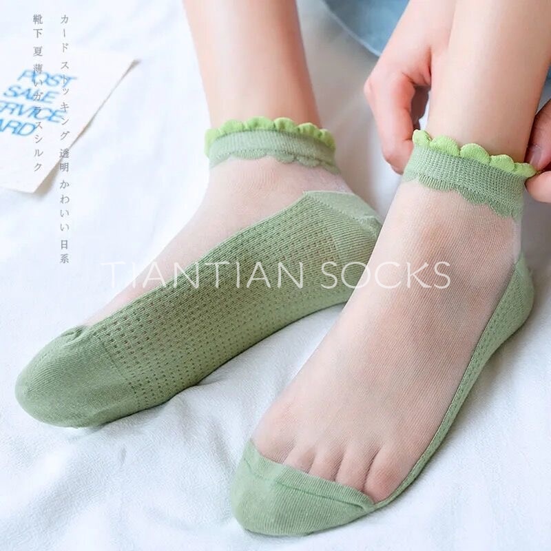 TIAN TIAN T157 Vớ nữ Cotton Mỏng Cổ Thấp Phối Ren Lưới Xuyên Thấu Thoáng Khí Thời Trang Mùa Hè