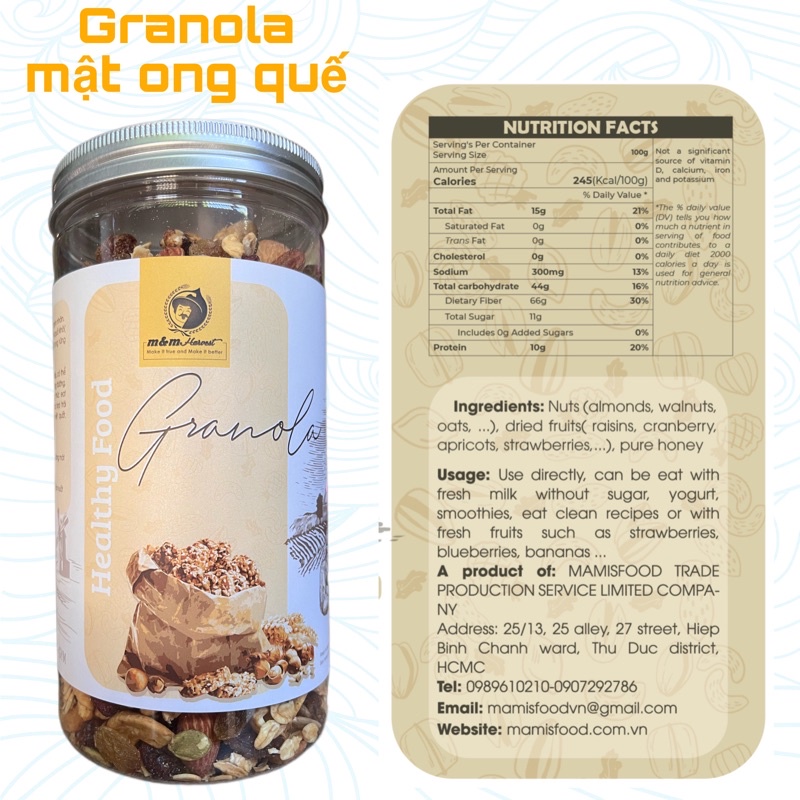 Ngũ cốc granola, granola siêu hạt ngũ cốc ăn kiêng M&amp;M Harvest nướng mật ong không đường 500g