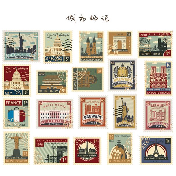 Set 40 Sticker vintage trang trí sổ bullet journal phong cách retro tem dán nhiều chủ đề