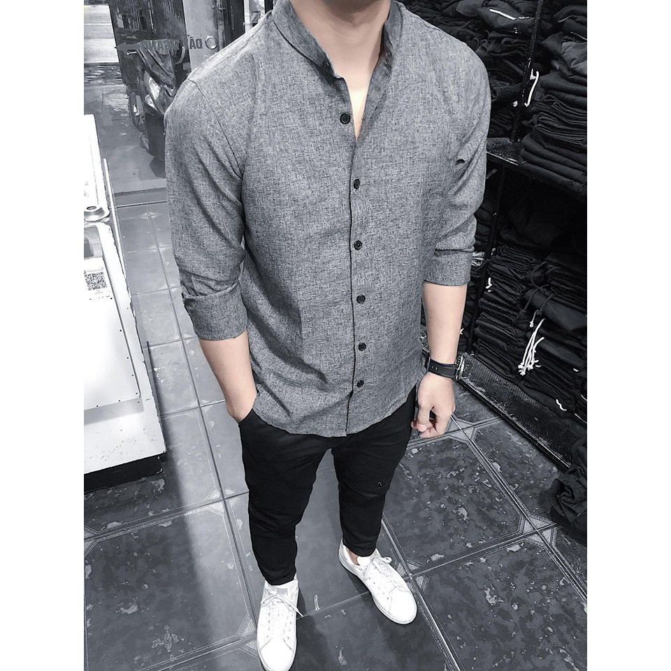 Áo sơ mi cổ tàu ORENO xám tiêu phong cách unisex form rộng cá tính cho giới trẻ | BigBuy360 - bigbuy360.vn