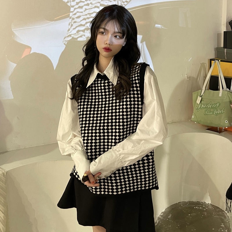 Áo dệt kim sát nách cổ tròn màu sắc tương phản thời trang mùa thu Hàn Quốc cho nữ