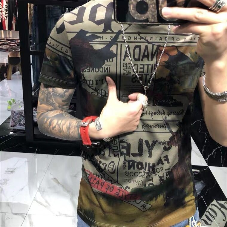 Áo thun tay ngắn lửng dáng ôm in hình thời trang mùa hè châu Âu thịnh hành cho nam