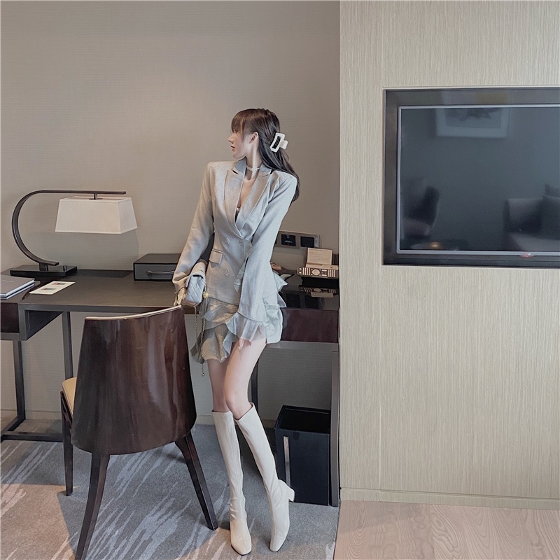 Set Áo Khoác + Đầm Hai Dây Phối Lưới Phong Cách Retro Thời Trang Dành Cho Nữ