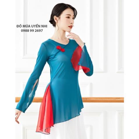 Áo lưới tập múa cổ trang, tập yoga tay loe xẻ, vạt chéo phối màu  - Đồ Múa Bảo Châu