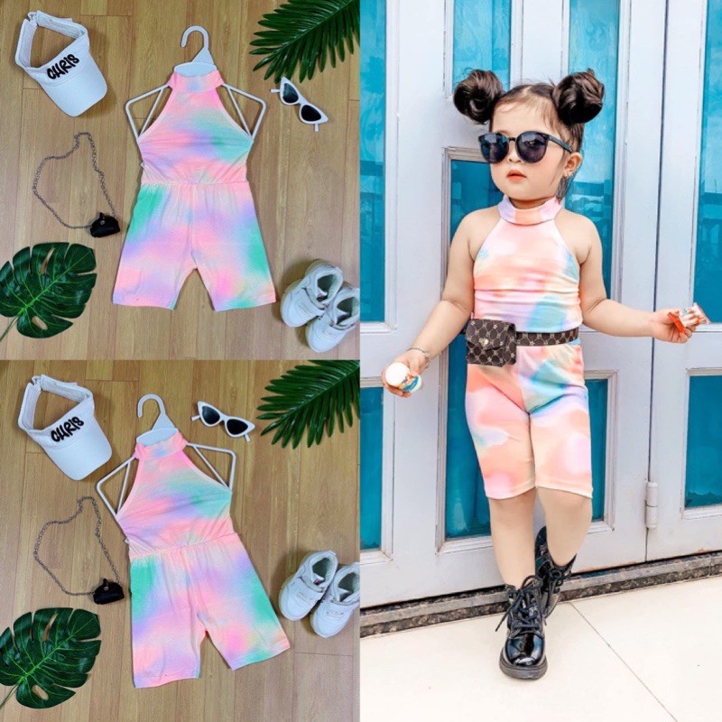 Jumsuit Cầu Vòng 7 Màu Bé Gái Sành Điệu Thiết Kế Cổ Yếm Hở Lưng Chất Thun Cotton Mềm Mại - Hàng mới về