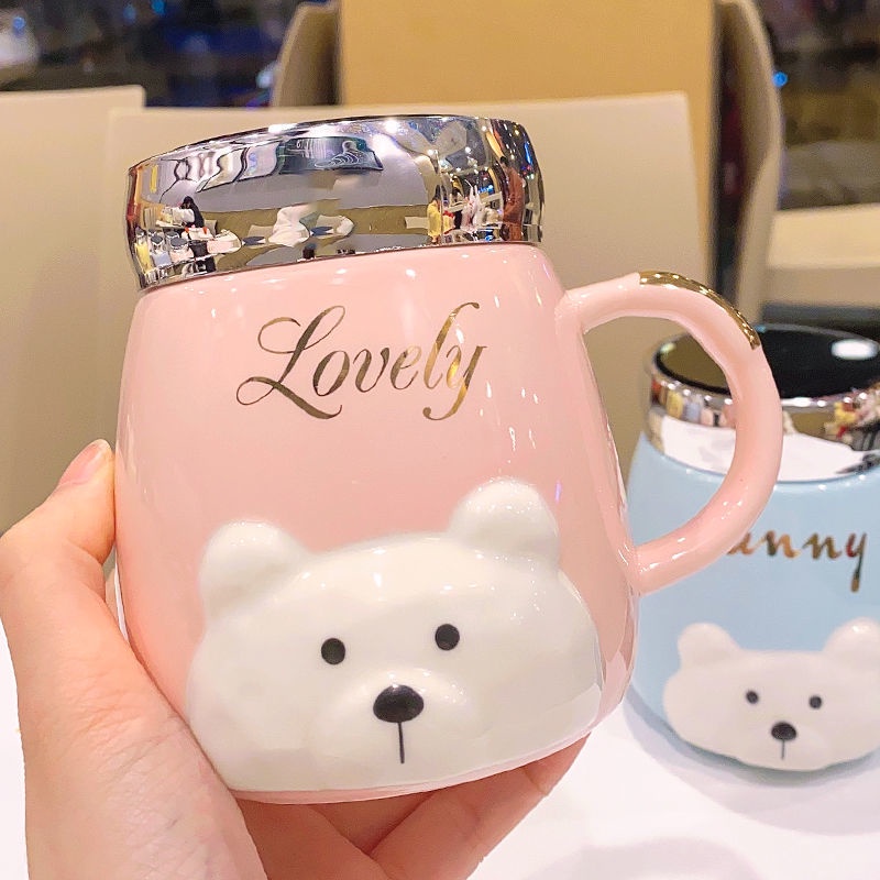 ✨Cốc Uống Nước Bằng Sứ Có Nắp Và Muỗng Họa Tiết Hoạt Hình Dễ Thương