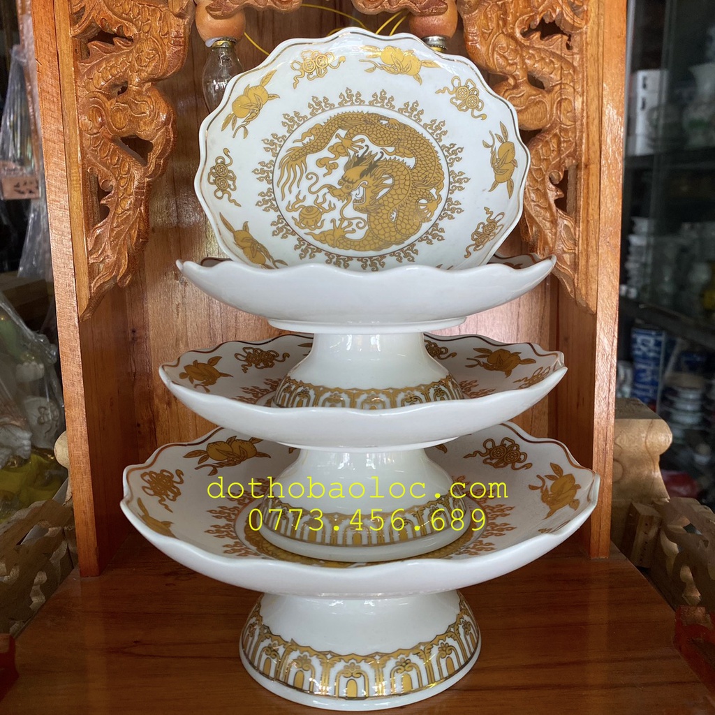 Đĩa sứ họa tiết trắng rồng vàng 4 cỡ ĐK: 15cm, 17cm, 19cm, 22cm