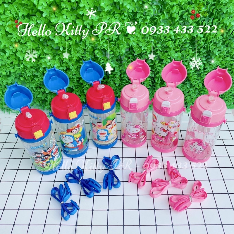 Bình nước 550ml có dây đeo Hello Kitty - Doremon Doraemon