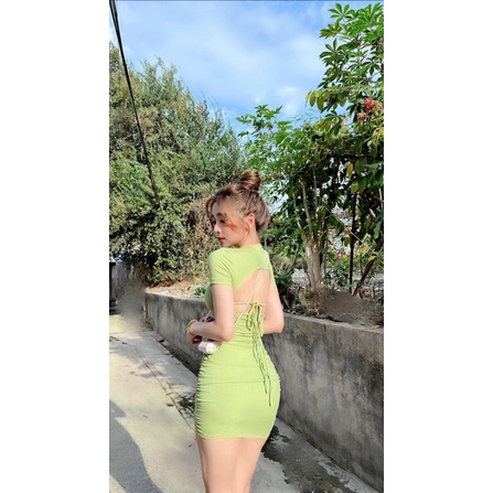 Đầm body hở lưng sexy váy ôm khoét lưng tay ngắn thun gân sang chảnh cá tính
