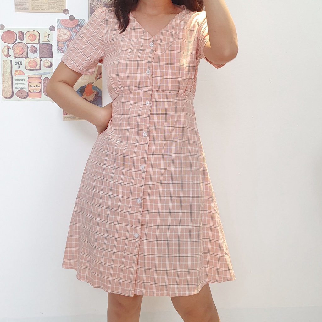 Đầm Nữ Dáng Chữ A Dài Trên Gối Cổ Tim Màu Hồng Nhạt (free size) - Penguin House (Tất cả hình shop tự chụp)
