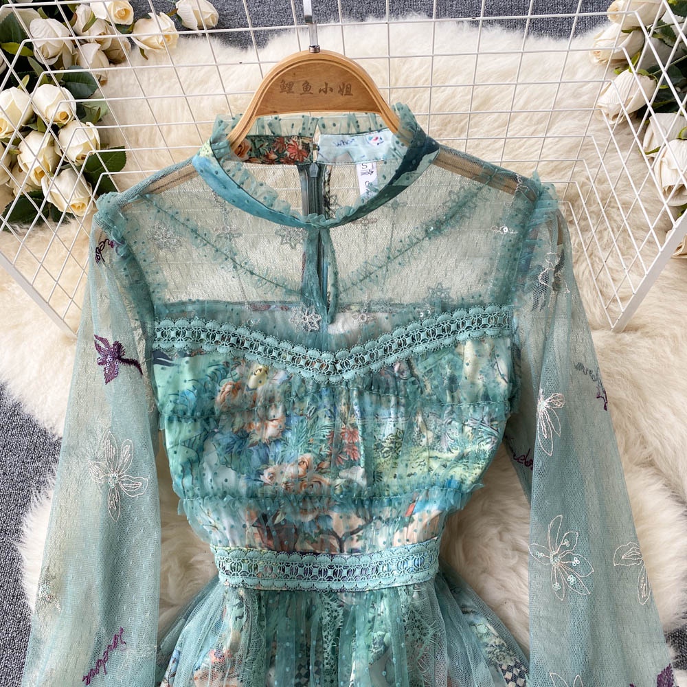 Váy xanh dài tay dáng dài thêu hoa nhẹ nhàng sang trọng  080522