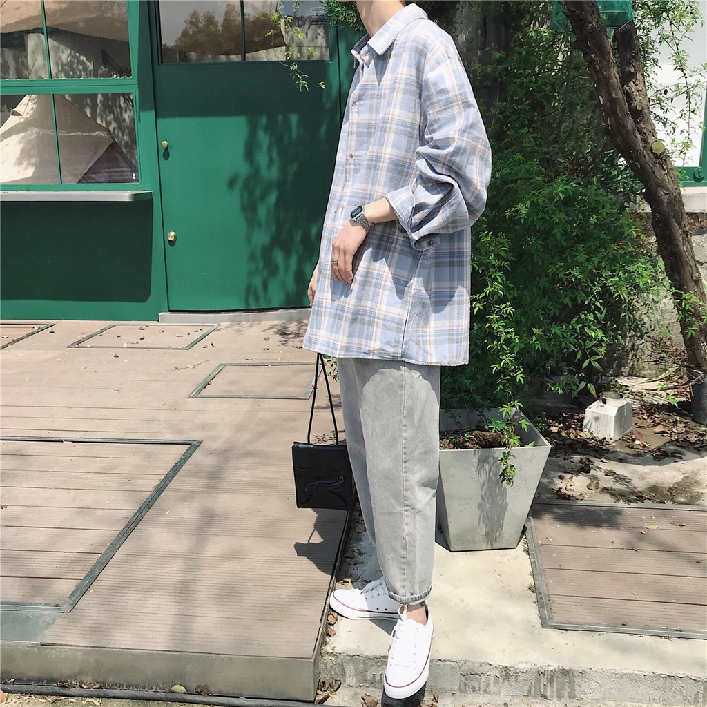 Áo sơ mi tay dài kẻ sọc caro trẻ trung thời trang phong cách Hàn Quốc cho nam