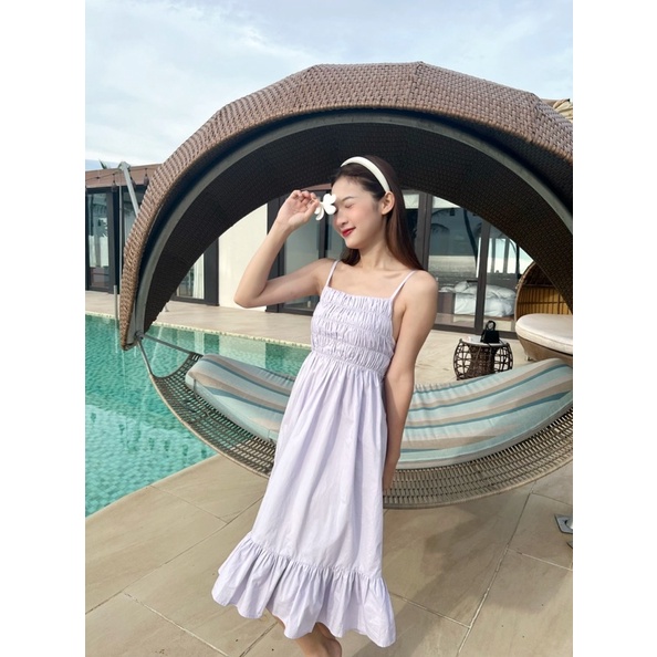 YU CHERRY | Đầm hai dây nữ nhún ngực, có dây điều chỉnh, Shirred Cotton Cami Dress YD157