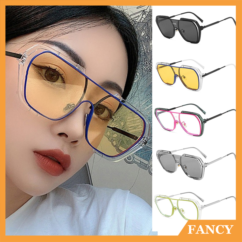 FANCY  Net Red Conjoined Large Frame Square Sunglasses Women Retro Ins Yellow Sunglasses Men Driving Anti Ultraviolet Tide