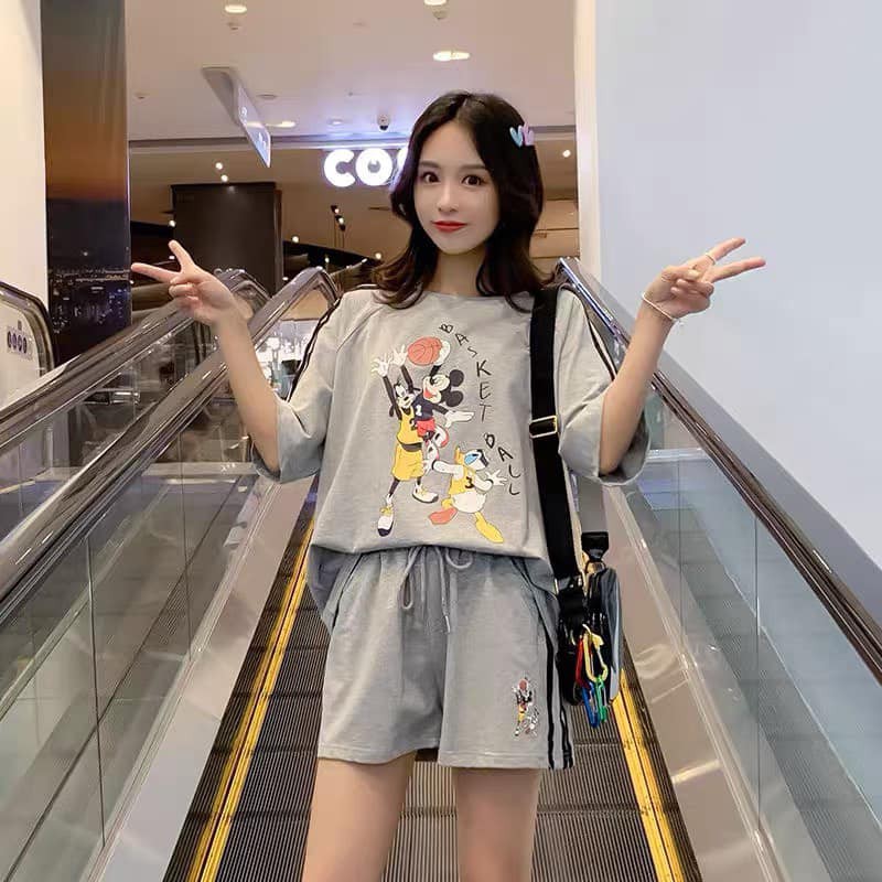 đồ bộ nữ set bộ  Mickey quần đùi phối viền sọc chất cotton 4 chiều