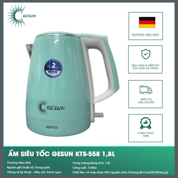 Ấm siêu tốc Gesun Kts-558 1L8 thương hiệu đức cách Nhiệt chống giật Bộ cảm biến nhiệt độ hiện đại