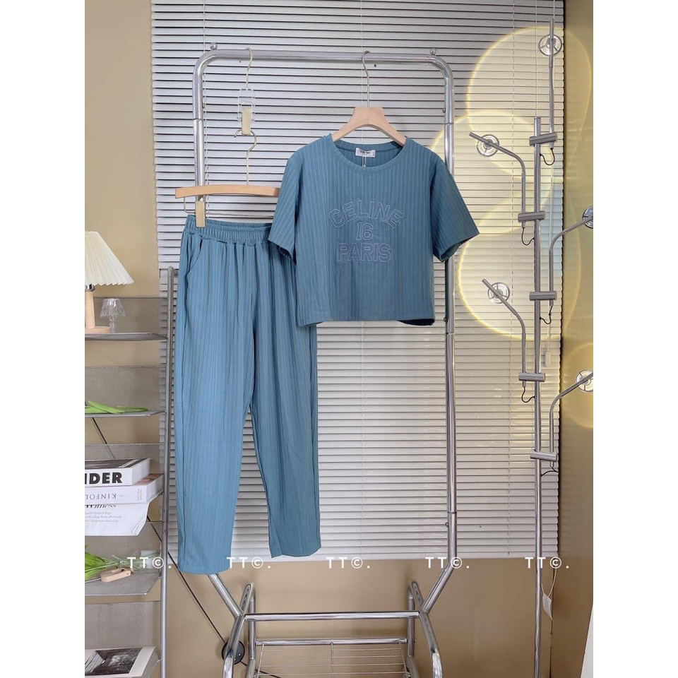 Đồ bộ nữ, set đồ bộ quần baggy đai cao có túi và áo croptop ngắn tay form rộng THÊU CHỮ vải thun cotton gân borip dày