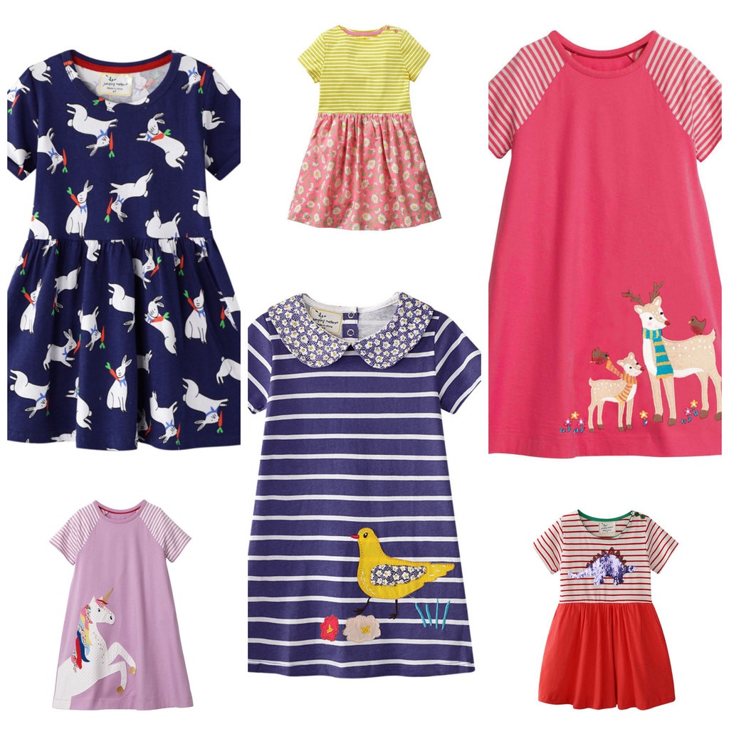 Mã 6157  váy cotton ngắn tay màu đỏ hồng thêu đắp hình 2 mẹ con huơu đáng yêu cho bé gái