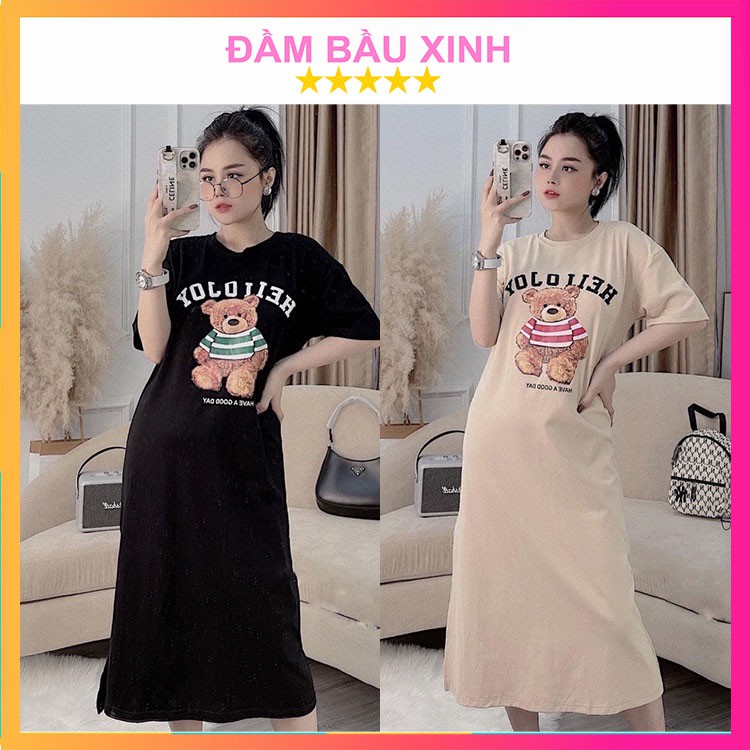 Đầm suông nữ chất cotton in hoạ tiết hình gấu cổ tròn ngắn tay 2 màu đen be thoáng mát mùa hè - Tirahouse