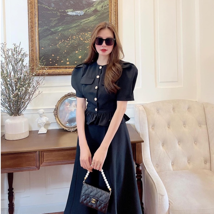 [Ảnh thật] Set áo tay phồng lai bèo đính nút to chân váy dài phong cách tiểu thư sang chảnh