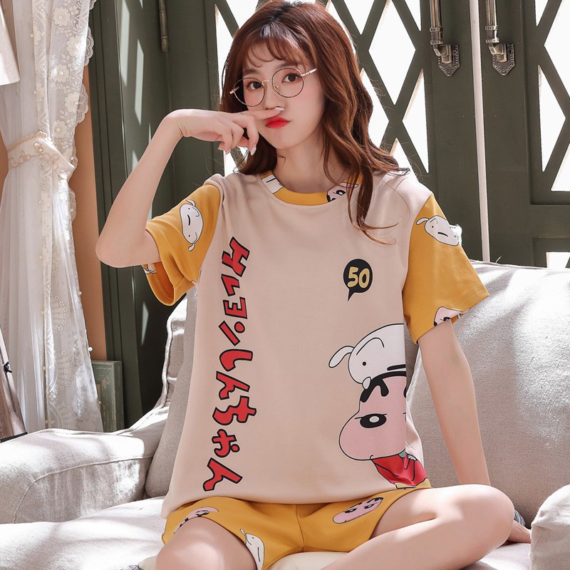 Bộ Đồ Ngủ Hai Mảnh Tay Ngắn Dáng Rộng Vải Cotton Mỏng Thoáng Khí Phong Cách Nhật Hàn Thời Trang Mùa Hè Cho Nữ