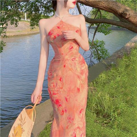 Jiashucheng Đầm Sườn Xám Cách Tân Mỏng Họa Tiết Tranh Sơn Dầu Mẫu Mới 2023