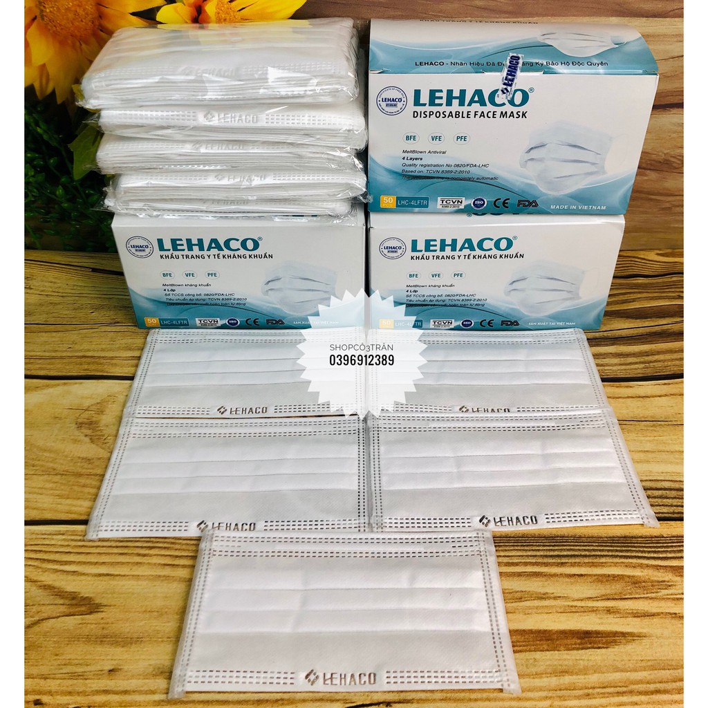 Khẩu Trang Kháng Khuẩn Màu TRẮNG 4 lớp 50 cái/ hộp - Khẩu Trang y tế Lehaco Kháng Khuẩn