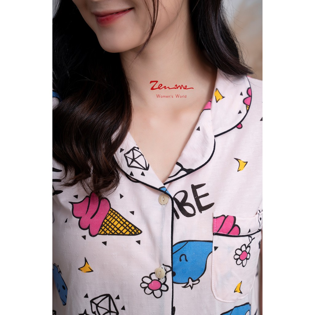 Đồ bộ nữ Zen Me pijama mặc nhà tay cộc quần đùi chất liệu chuẩn cotton họa tiết cá voi kem dễ thương