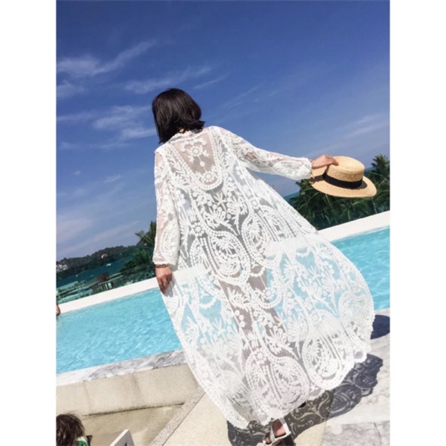 Áo cardigan , áo choàng ren đi biển dáng dài dập hoa