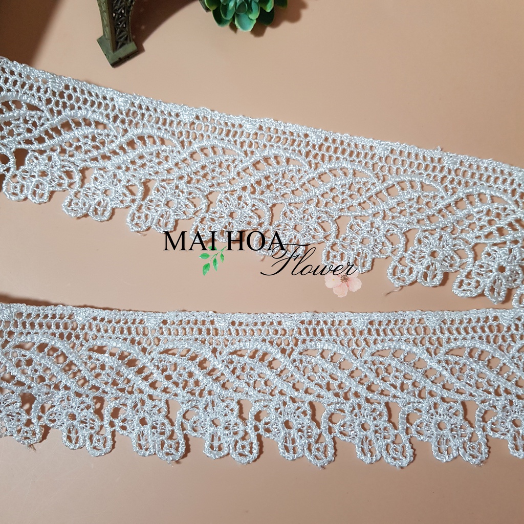 [Size 5cm] 10 mét Dây viền ren trắng thêu hoa lá siêu xinh dùng trang trí váy áo, RC35 Maihoaflower