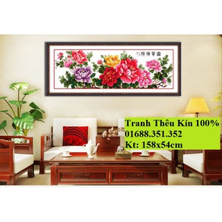 Tranh thêu chữ thập Hoa mẫu đơn 158x54cm