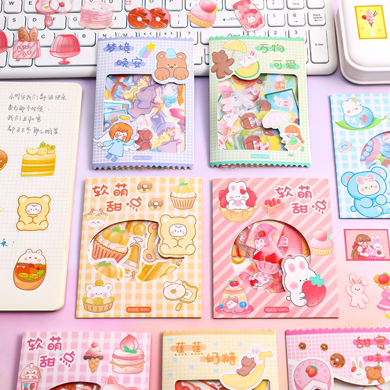 Túi 45 hình sticker dán cao cấp cô bé và bữa ăn không thâm nước