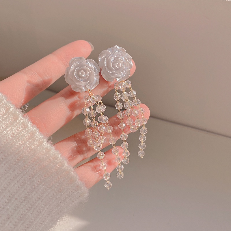 Bông Tai Dáng Dài Hình Hoa Trà Bằng Acrylic Phối Tua Rua Phong Cách Hàn Quốc Thời Trang Cho Nữ