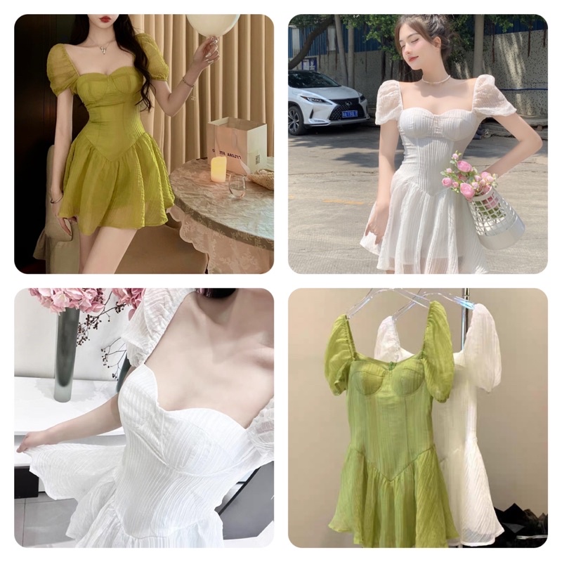 VÁY CÔNG CHÚA CỔ VUÔNG TAY BỒNG CÓ ĐỆM NGỰC, 2 MÀU HOT