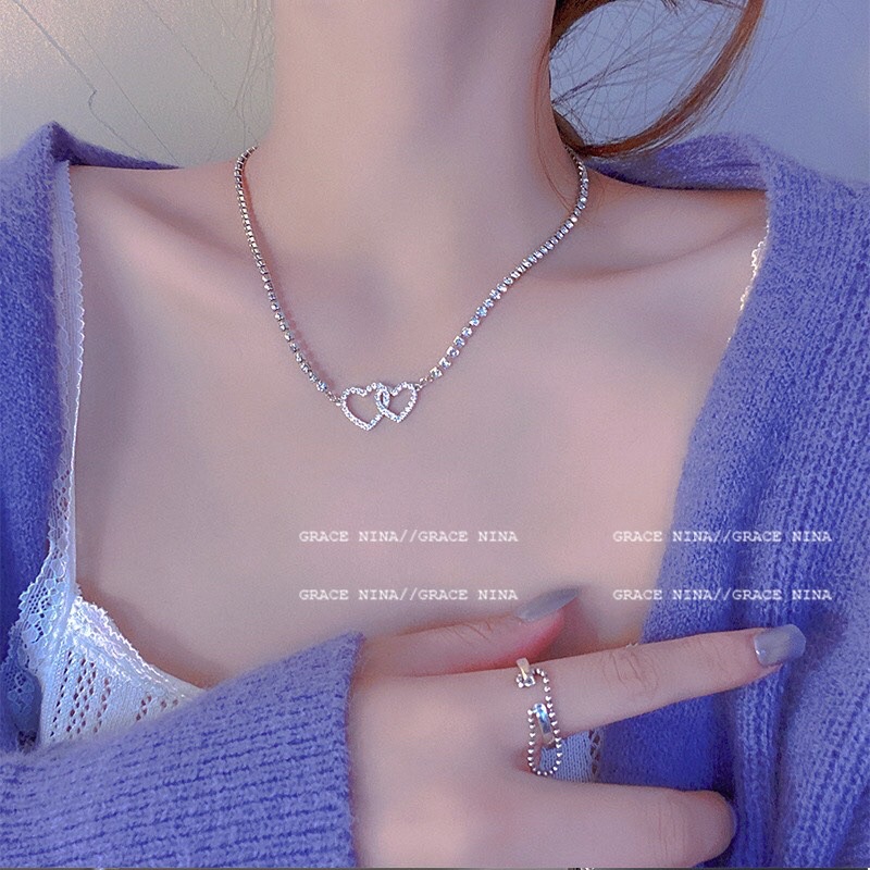 Vòng cổ nữ dây đá lấp lánh mặt hai trái tim đáng yêu V13