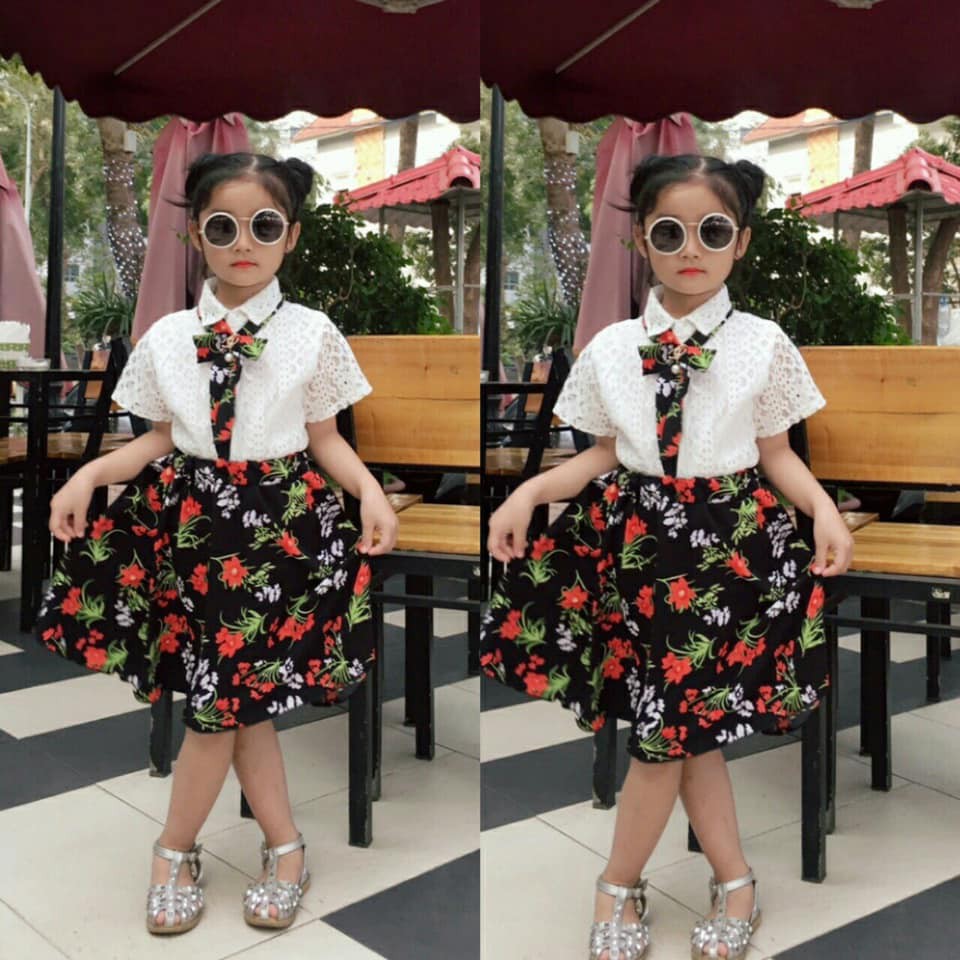 Bộ áo sơ mi ren kèm váy lụa + nơ hàng bán shop (ảnh thật)