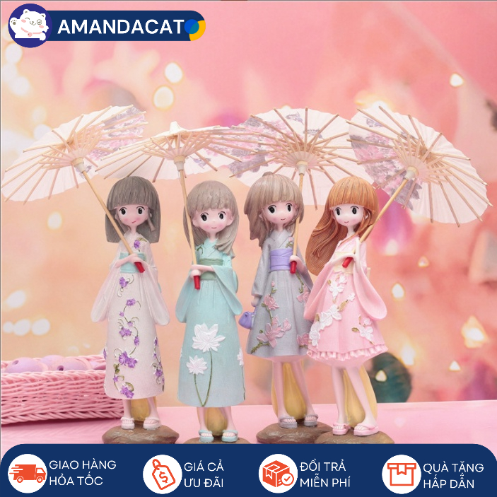 [Hàng mới về] Tượng trang trí để bàn hình cô gái Nhật Bản cầm dù mặc kimono - Đồ trang trí bàn size To búp bê Nhật Bản