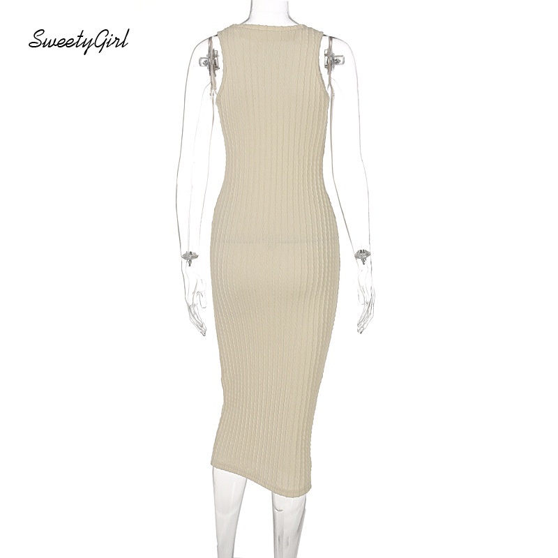 Đầm dệt kim dáng ôm không tay cổ tròn màu trơn thời trang cho nữ