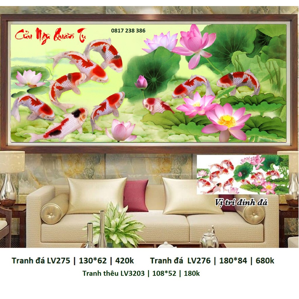 Tranh thêu chữ thập cửu ngư quần tụ LV3203(108 x 52 cm)