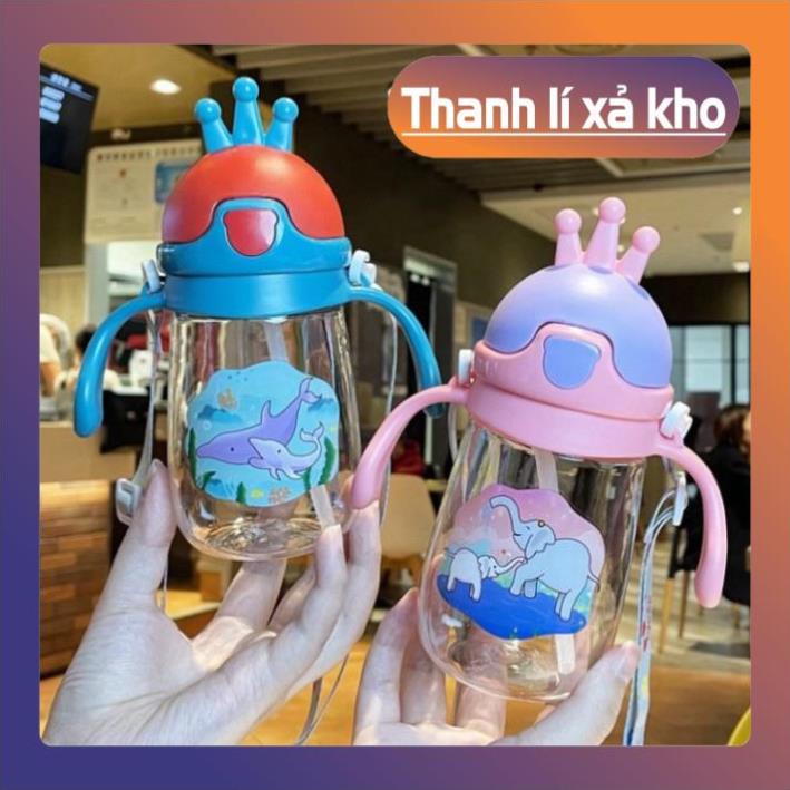 Bình Tập Uống Nước Cho Bé, Bình Uống Nước, Sữa 350Ml Hình Vương Miệng Đáng Yêu Cho Bé, Tặng Kèm Ống Hút